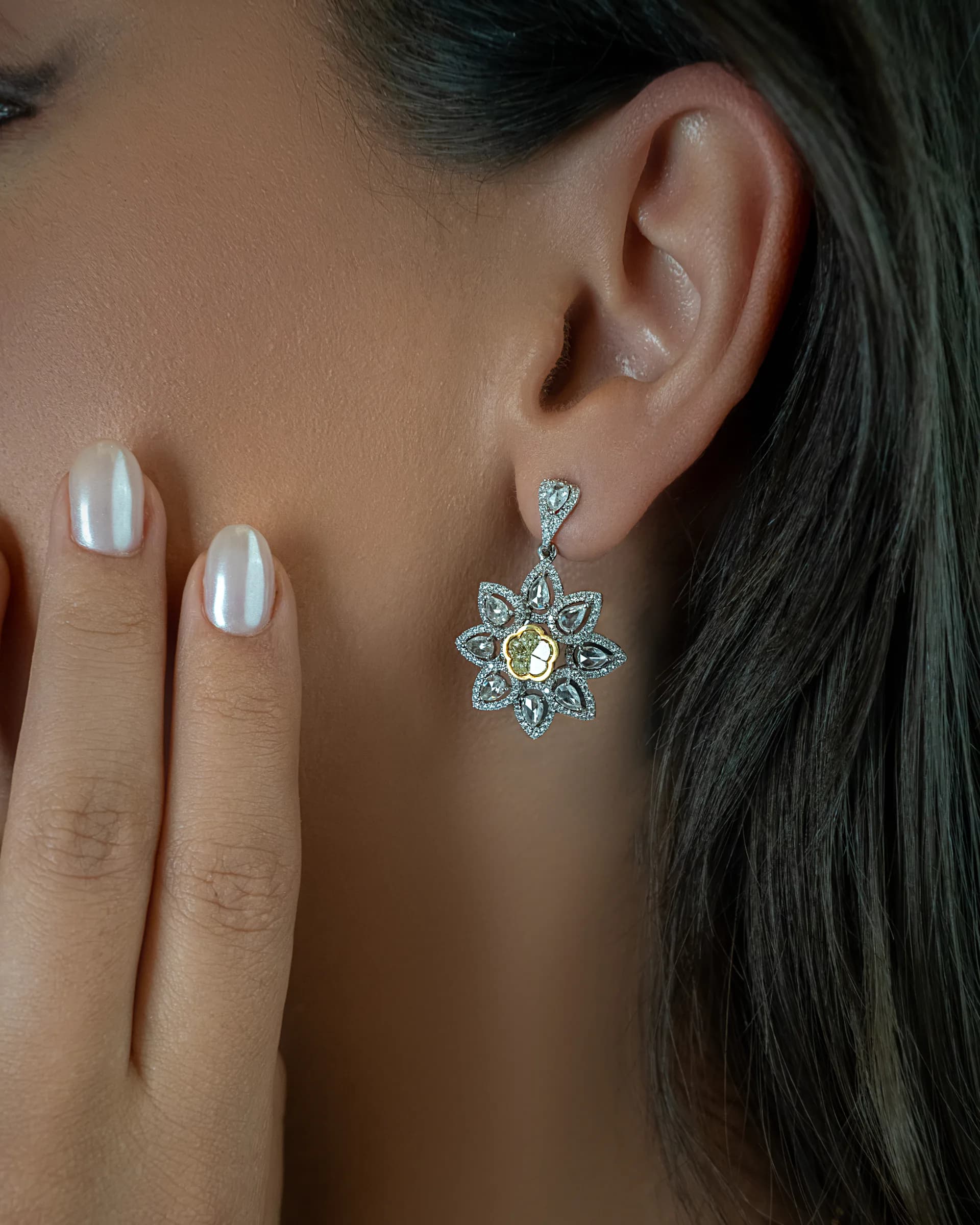 Mozafarian earring worn in an intimate portrait