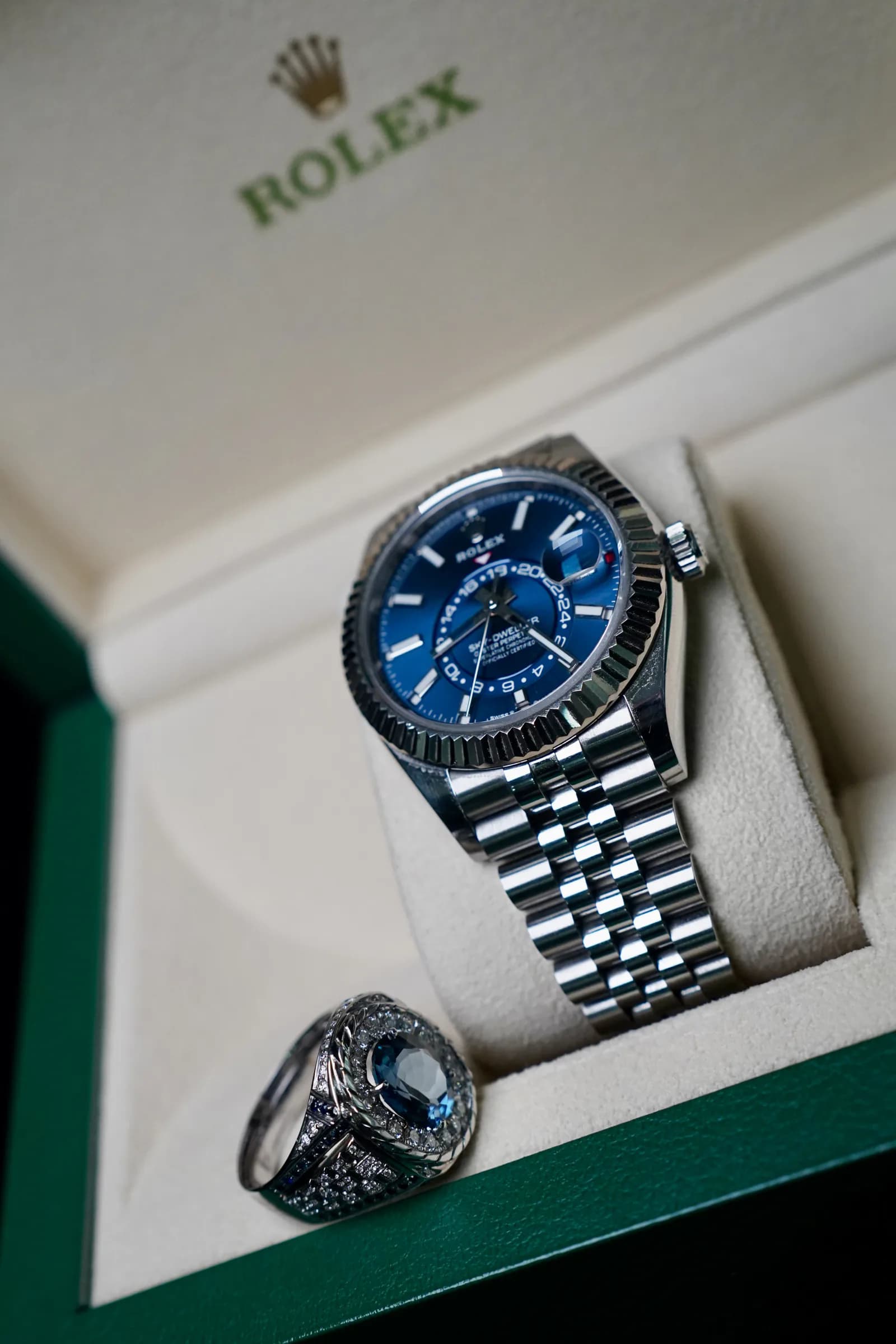 Rolex Sky-Dweller with a blue dial, fluted bezel and Jubilee bracelet