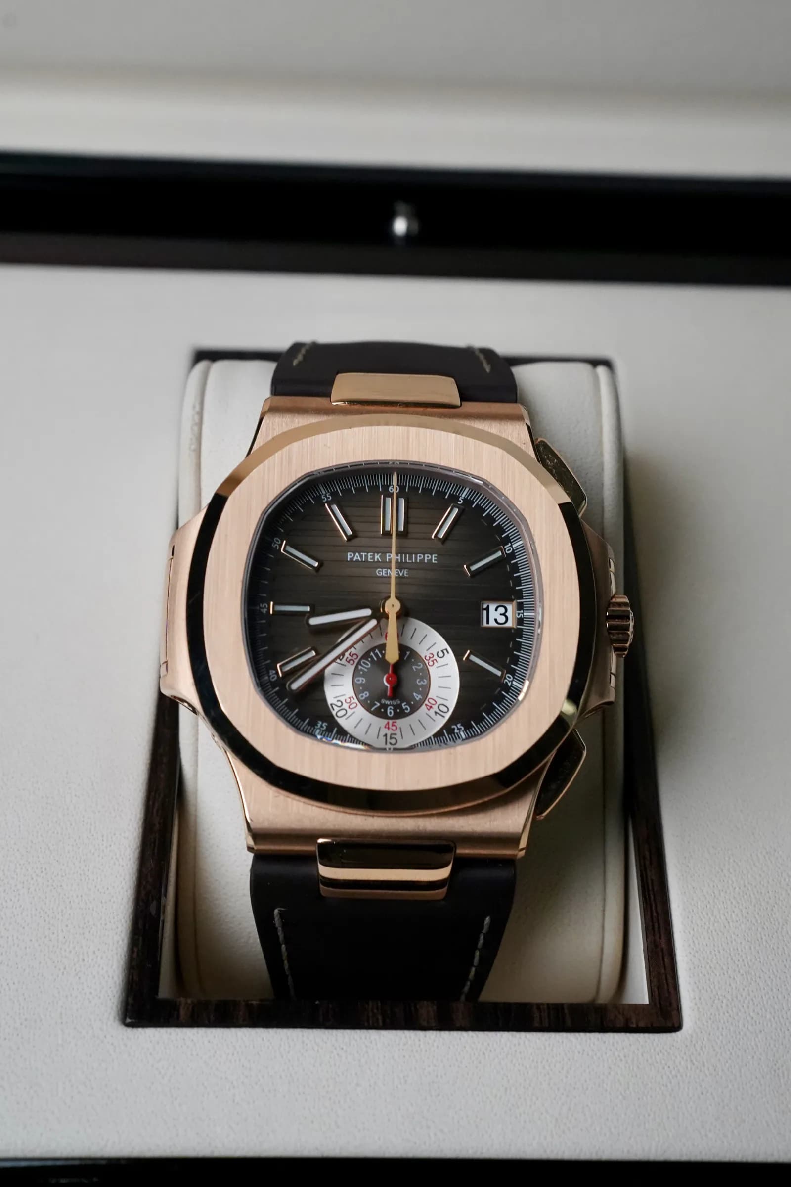 Patek Philippe Nautilus Chronograph 5980R in rose gold with a dark dial