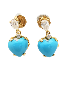 18K Yellow Gold Diamond with Turquoise Heart Earring