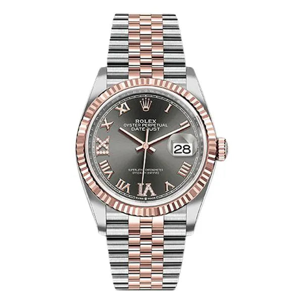 Rolex Datejust 126231 Dkrdr69J 36Mm Fluted Bezel Dark Rhodium Roman Dial Jubilee Bracelet Steel And Everose Rolesor Unisex Watch