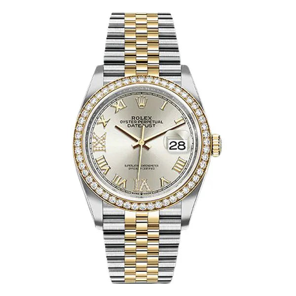 Rolex Oyster Perpetual Datejust 126283Rbr Sdr69J Yellow Diamond Bezel Silver Roman Dial 36Mm Unisex Two Tone Unisex Watch