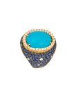 18k Yellow Gold Turquoise, Sapphire, and Diamond Cluster Ring