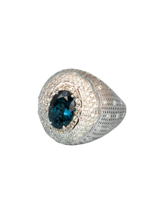 18K White Gold Diamond With Topaz Gents Ring