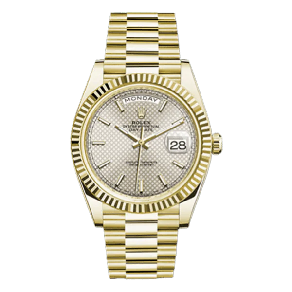 Rolex Day-Date 228238 Sdmip 40Mm Silver Diagonal Motif Index Dial Fluted Bezel 18K Yellow Gold Jubilee Bracelet Men’S Watch