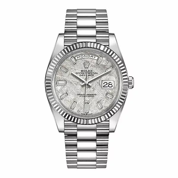 Rolex Day-Date 228239-0055 40Mm White Gold Fluted Bezel Meteorite Baguette Diamond Dial Men’S Watch