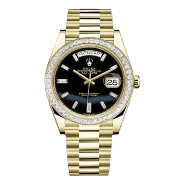 Rolex Day-Date 228398Tbr Onbdp Onyx Dial 18K Yellow Gold And Baguette Diamond Paved Bezel 40Mm 18K Yellow Gold Men’S Watch