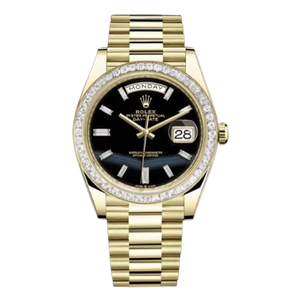 Rolex Day-Date 228398Tbr Onbdp Onyx Dial 18K Yellow Gold And Baguette Diamond Paved Bezel 40Mm 18K Yellow Gold Men’S Watch