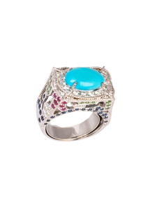 18K White Gold Diamond with Turquoise, Sapphire Ruby & Emerald Ring