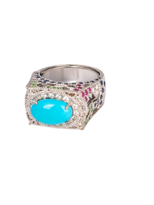 18K White Gold Diamond with Turquoise, Sapphire Ruby & Emerald Ring