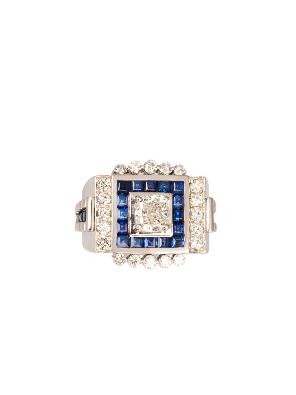 18k Art Deco Style White Gold Diamond and Sapphire Square Cluster Ring