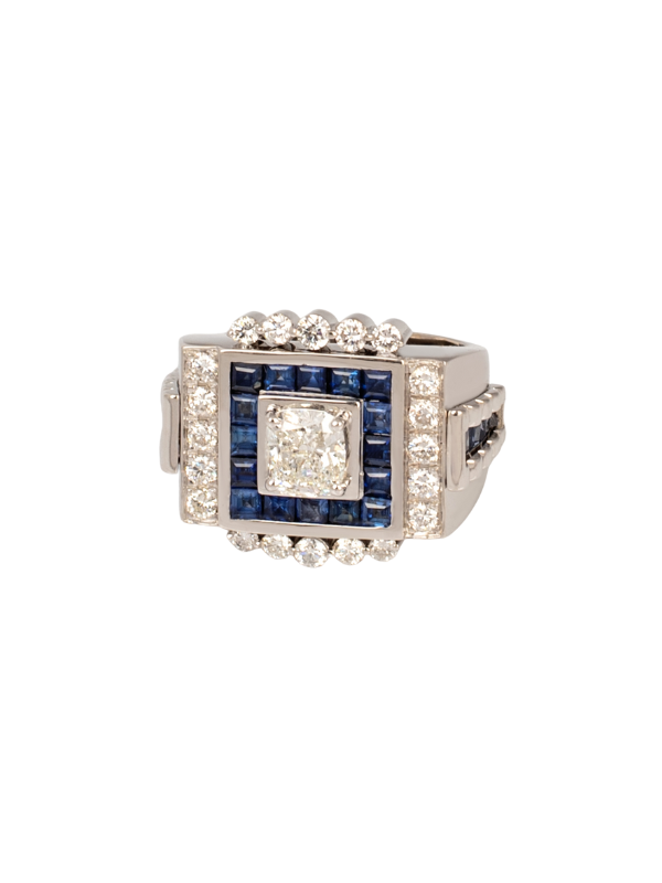 18k Art Deco Style White Gold Diamond and Sapphire Square Cluster Ring