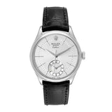 Rolex Cellini Dual Time White Gold Silver Guilloche Index Dial Domed & Fluted Double Bezel Black Leather Bracelet Men’S Watch