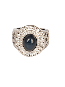 18K White Gold Diamond with Blue Sapphire Gents Ring