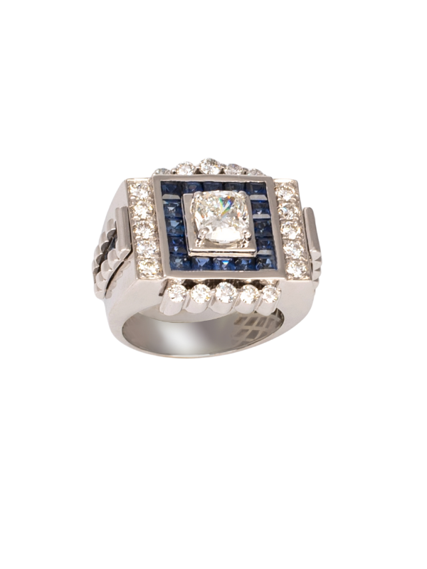 18K White Gold Diamond and Sapphire Gents Ring