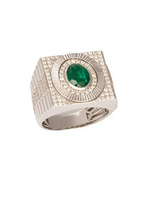 18K White Gold Diamond with Emerald Gents Ring