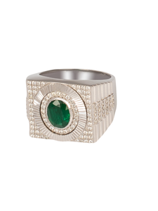 18K White Gold Diamond with Emerald Gents Ring