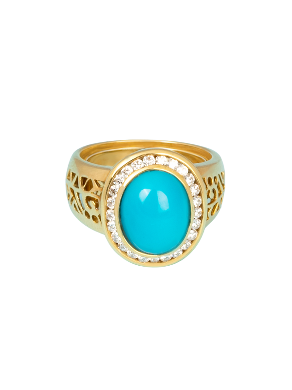 18K Yellow Gold Diamond with turquoise Gents Ring