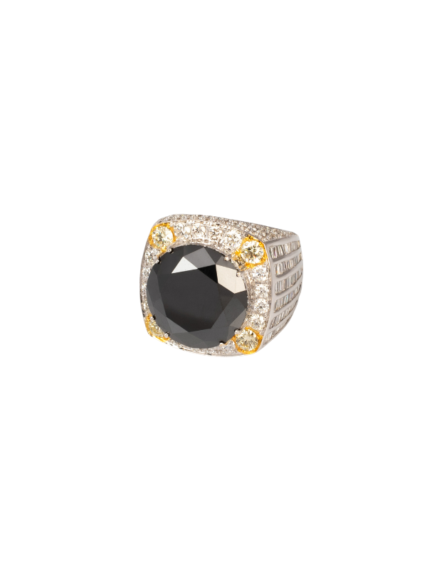 18k Two-Tone Gold Unisex Ring with Black Diamond Halo
