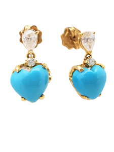 18K Yellow Gold Diamond with Turquoise Heart Earring