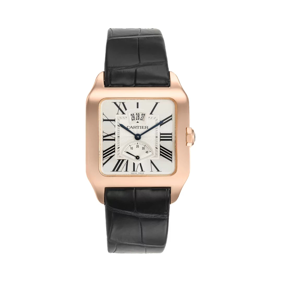 Cartier Santos Dumont W2020067 Rose Gold Silver Dial Black Strap