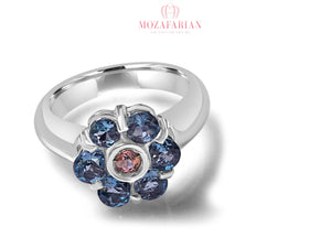 White Gold Blue Topaz Ring Flower design