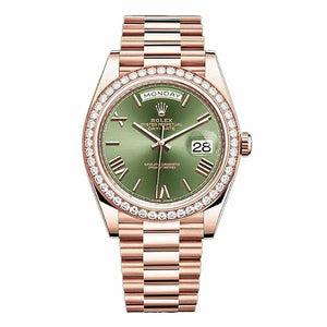 Rolex Day-Date 228345Rbr Ogrp Olive Green Roman Dial Diamond Bezel 40Mm 18K Everose Gold Men’S Watch