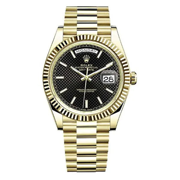 Rolex Day-Date 228238-0007 Bkdmip 40Mm 18Kt Yellow Gold In Black Diagonal Motif Stick Dial Men’S Watch