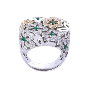 18K White & Yellow Gold with Emerald Stone Floral Design Ladies Ring