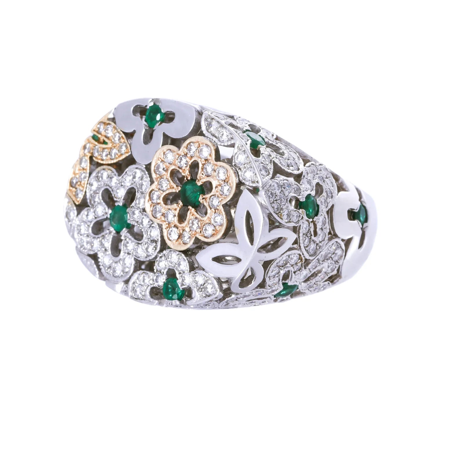 18K White & Yellow Gold with Emerald Stone Floral Design Ladies Ring