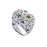 18K White & Yellow Gold with Emerald Stone Floral Design Ladies Ring