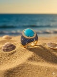 18k Yellow Gold Turquoise, Sapphire, and Diamond Cluster Ring