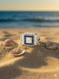 18k Art Deco Style White Gold Diamond and Sapphire Square Cluster Ring